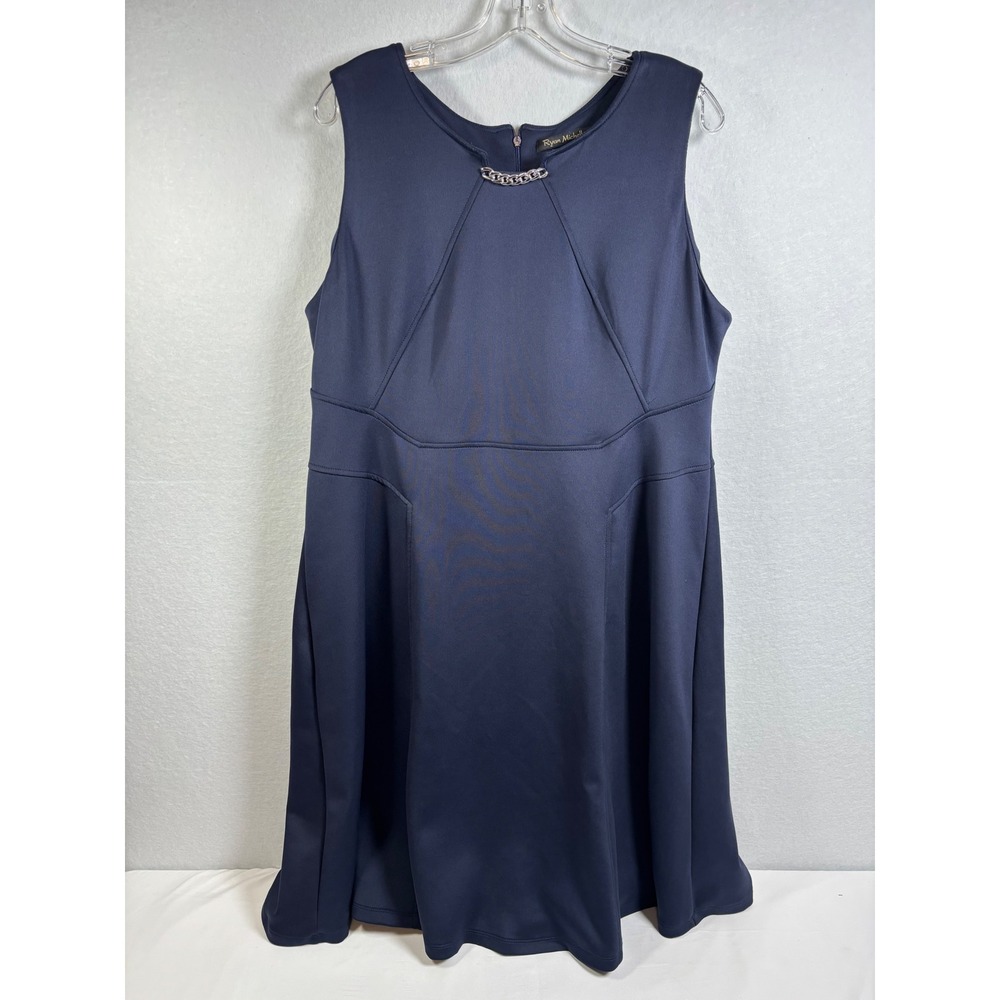 Ryan Michelle Dress Womens 2X Navy Blue Polyester Spandex Fit Flare Chain Chic